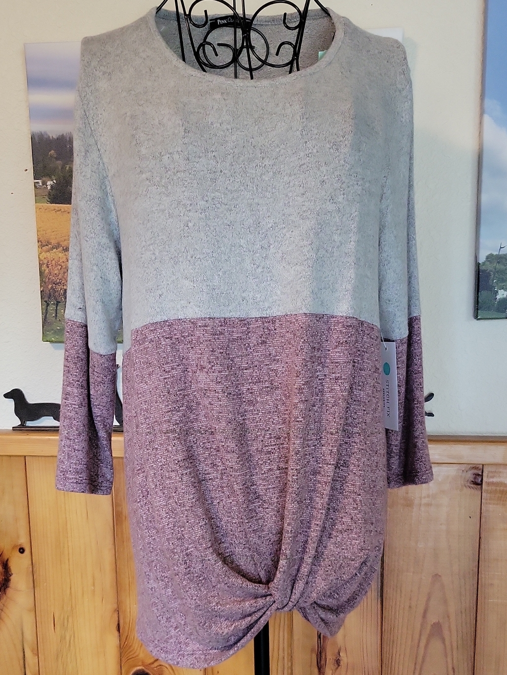 Pink Clover Two-Tone Gray and Mauve Knit Top with Front Twist